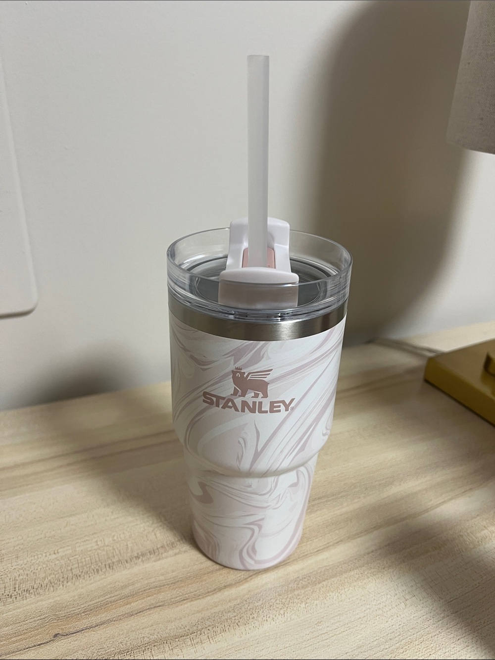 Stanley White and Light Pink Marble Travel Tumbler with Straw